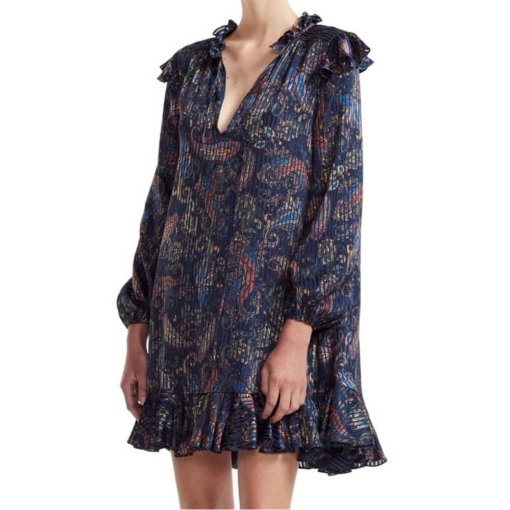 Maje Riley Babydoll Paisley Print Navy Long Sleeve Dress